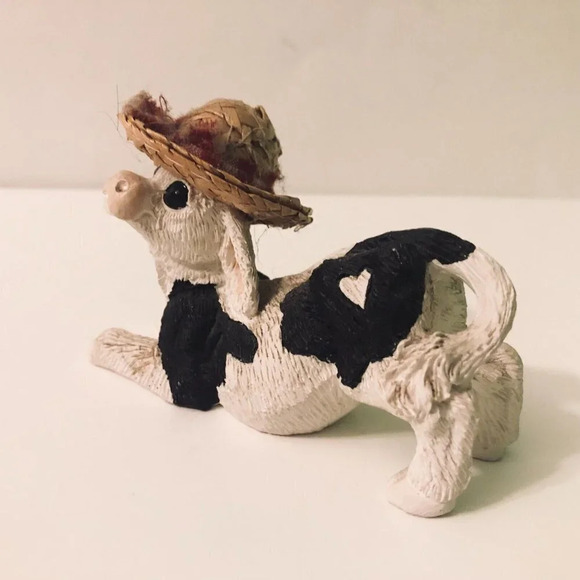 Vtg Lot of 2 Enesco Kathy Wise Calf Cow Figure  Straw Hats - Picture 9 of 16